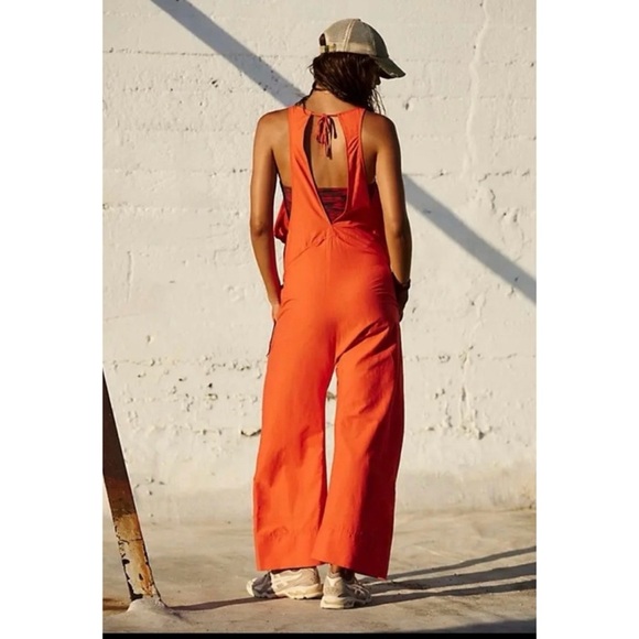 New Free People FP Movement Break Away Onesie Jumpsuit Wide Leg Orange Small - Picture 10 of 11